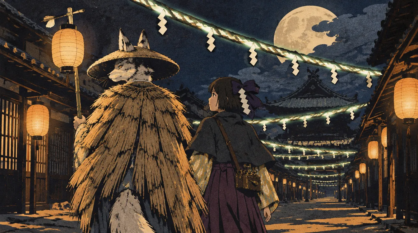 Oborozuki menuntun Hinoe menyusuri gang malam di bawah deretan tali yang menyala dan bulan besar.